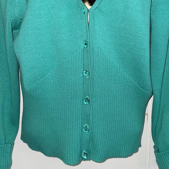 Ivy Jane light green acrylic/cotton/spandex cardigan/brown faux fur collar - Picture 3 of 8